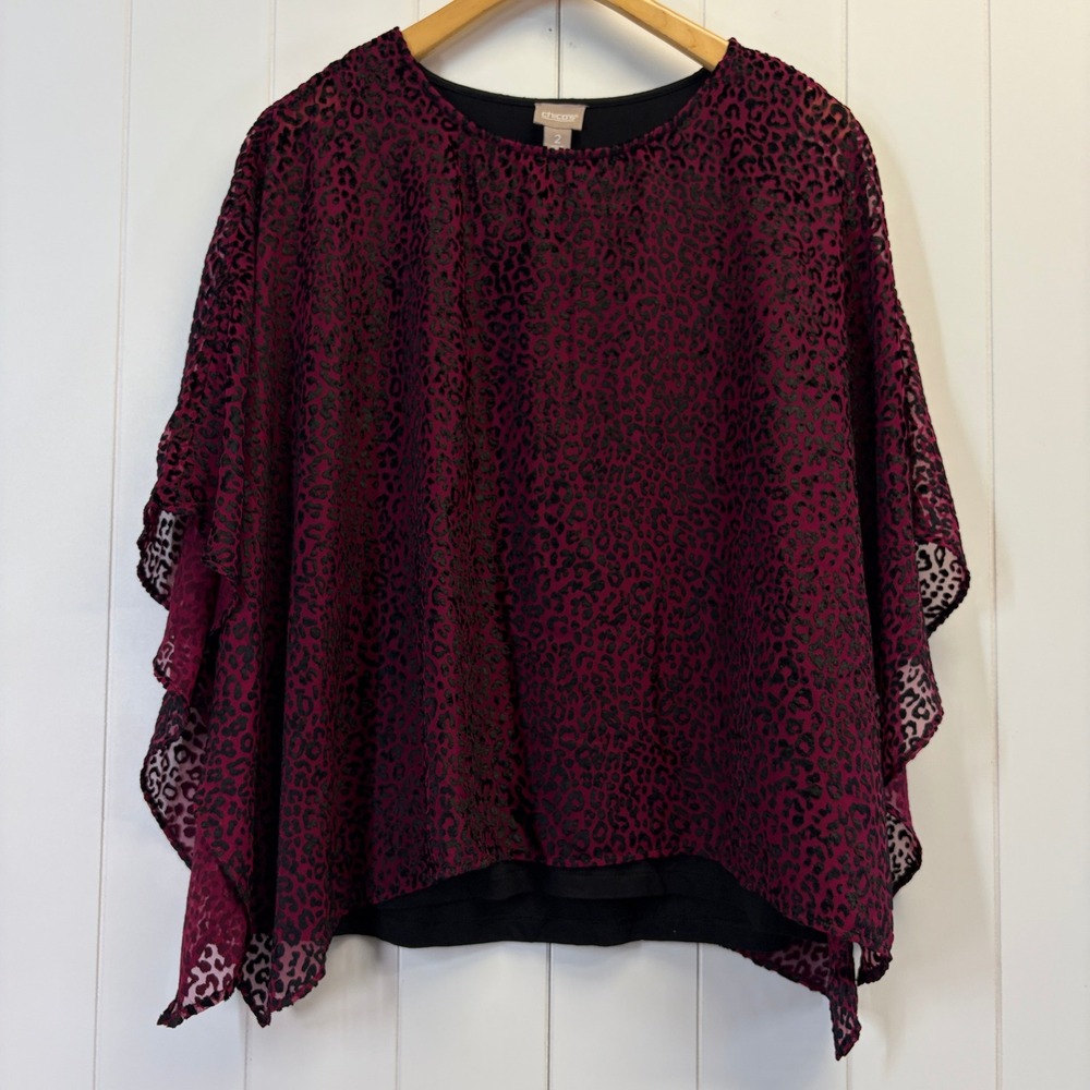 Chicos Mob Wife Animal Print Velvet Burnout Poncho Top Women Size 2 L Old Money